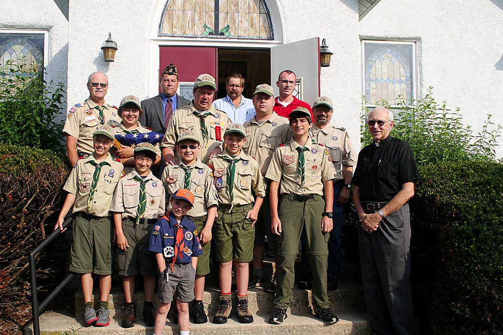 <p>Pictured are: at front — Tyler Arnold;</p><p>Row 2 — Austin Flagler, Jared Domangue, Andrew MacFarlane, Shaun Arnold, Anthony Fiora, the Rev. Charles Frederick;</p>
<p>Row 3 — George Dorsey, Jeff Arnold, Dave Arnold, Devin Flagler, Ersin Domangue;</p>
<p>Row 4 — Army veteran Todd Yatsko, American Legion Post 223; Navy veteran Russell Ruckman and 1st Lt. Michael E. Bell.</p>